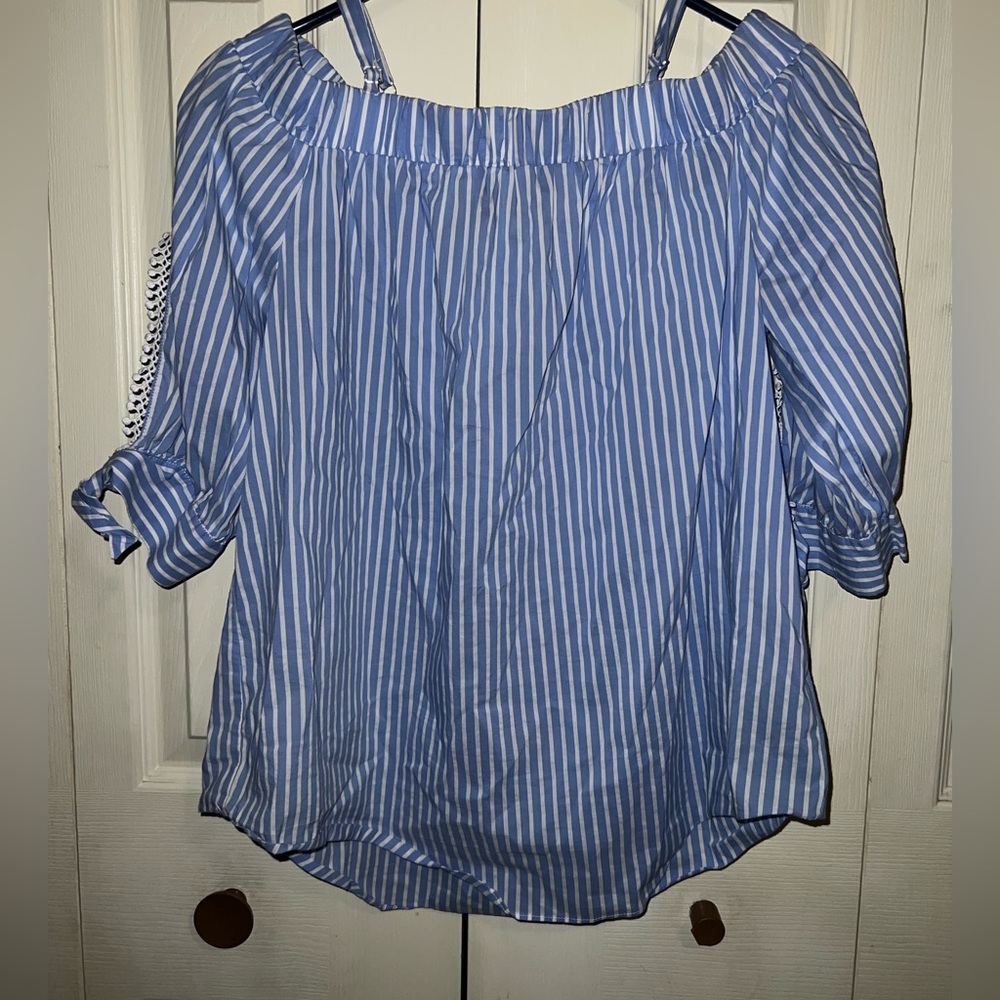 By & By blue and white Off the Shoulder top with sleeve trim